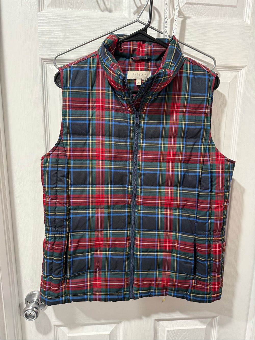 Talbots woman’s Navy & Red Plaid Quilted Vest, academia, office.